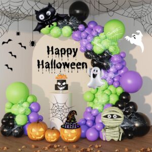 beaumode halloween balloon arch with mummy bat ghost foil balloons black purple green balloon 142pcs for kids spooky ghost party birthday baby shower decorations(black green purple)