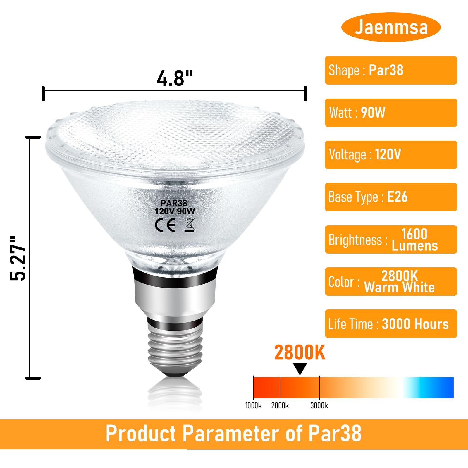 Jaenmsa PAR38 Halogen Flood Light Bulbs 90W 120V, 4Pcs Halogen PAR38 90W Light Bulbs Dimmable with E26 Base, 2800K Warm White, 1600 Lumens for Indoor and Outdoor