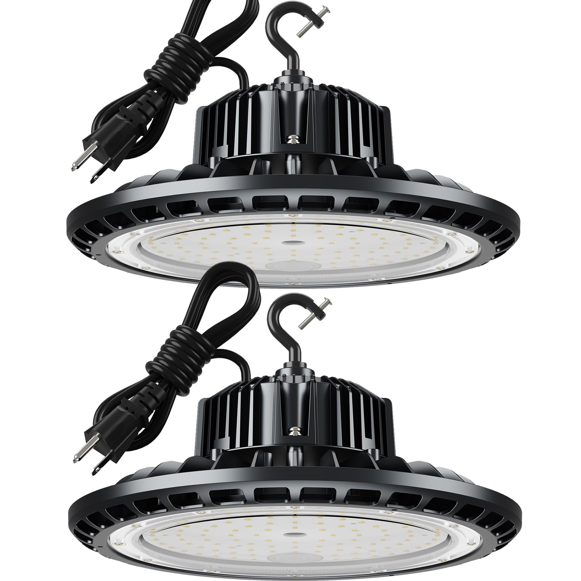 UFO LED High Bay Light 150W 5000K, High Bay LED Lights 21,000LM(600W MH/HPS Eqv.),UFO Lamp with Plug, Hanging Hook, Safe Rope, Lighting Fixtures for Warehouse Shop Factory Garage Gym Barn（2 Pack）