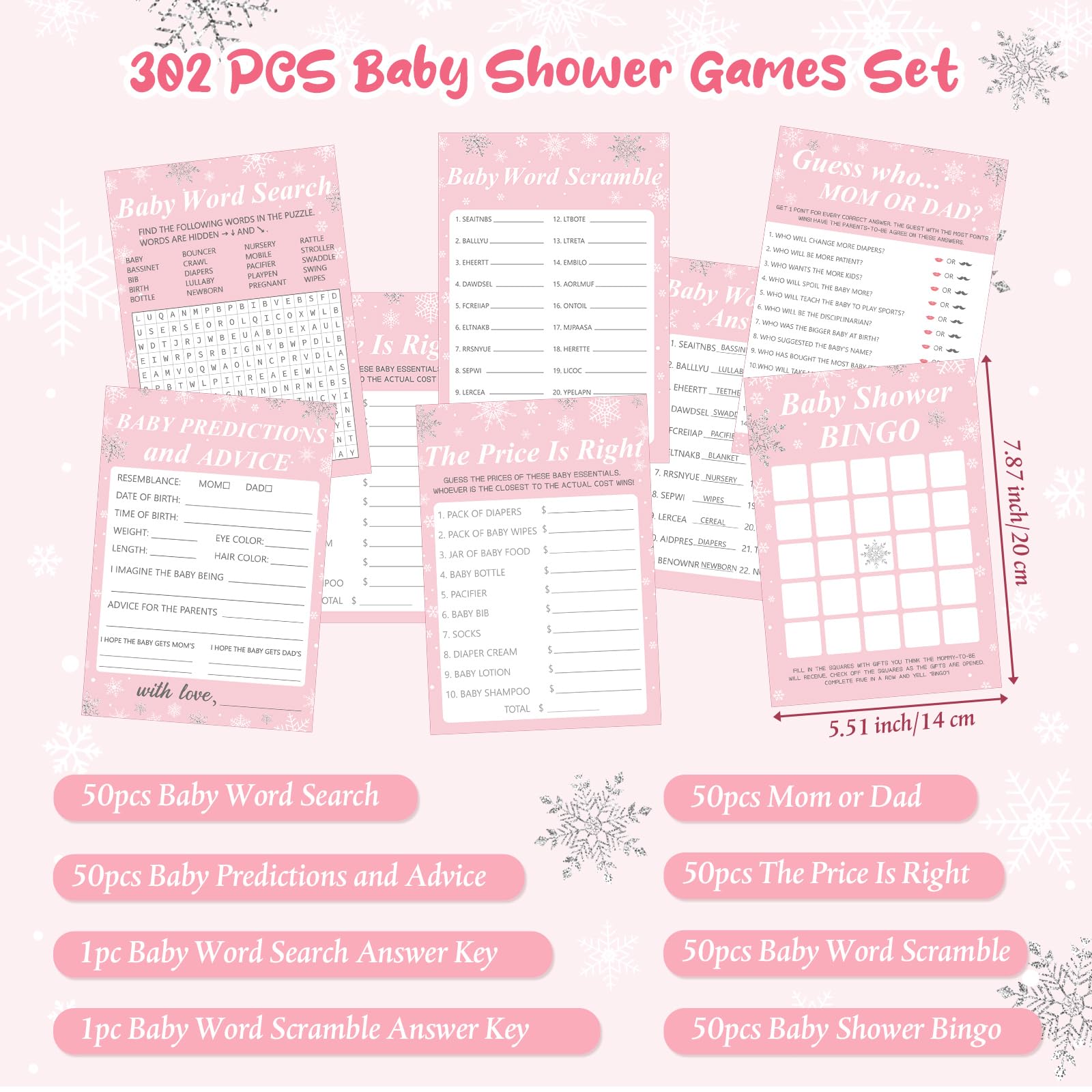 Harloon 302 Pcs Winter Snowflake Baby Shower Games, 6 Games, 50 Sheets Each, Baby Shower Bingo, Word Scramble, Word Search, Baby Predictions and Advice, The Price is Right, Guess Who (Pink)