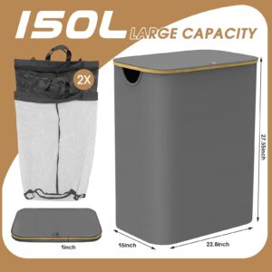 HAPPYMATE Laundry Hamper with Lid, Large Basket for Laundry, 150L Laundry Hamper with 2 Sections, Removable Inner Bags, with Handles, Dirty Clothes Hampers for Bedroom, Bathroom, Gray