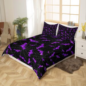 Purple Glitter Bat Duvet Cover Set Full Size Spider Web Bedding Set 3Pcs Happy Halloween Theme Comforter Cover for Kids Boys Girls Teens Room Decor Fashion Gothic Black Quilt Cover,2 Pillowcases