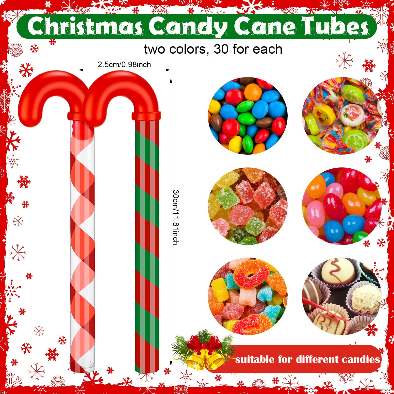 Soaoo 60 Pcs Christmas Candy Cane Shaped Tube Containers Bulk 12 Inch Empty Holiday Candy Tubes with Red Topper Christmas Plastic Crutch Container for Candy Chocolate Stocking Filler