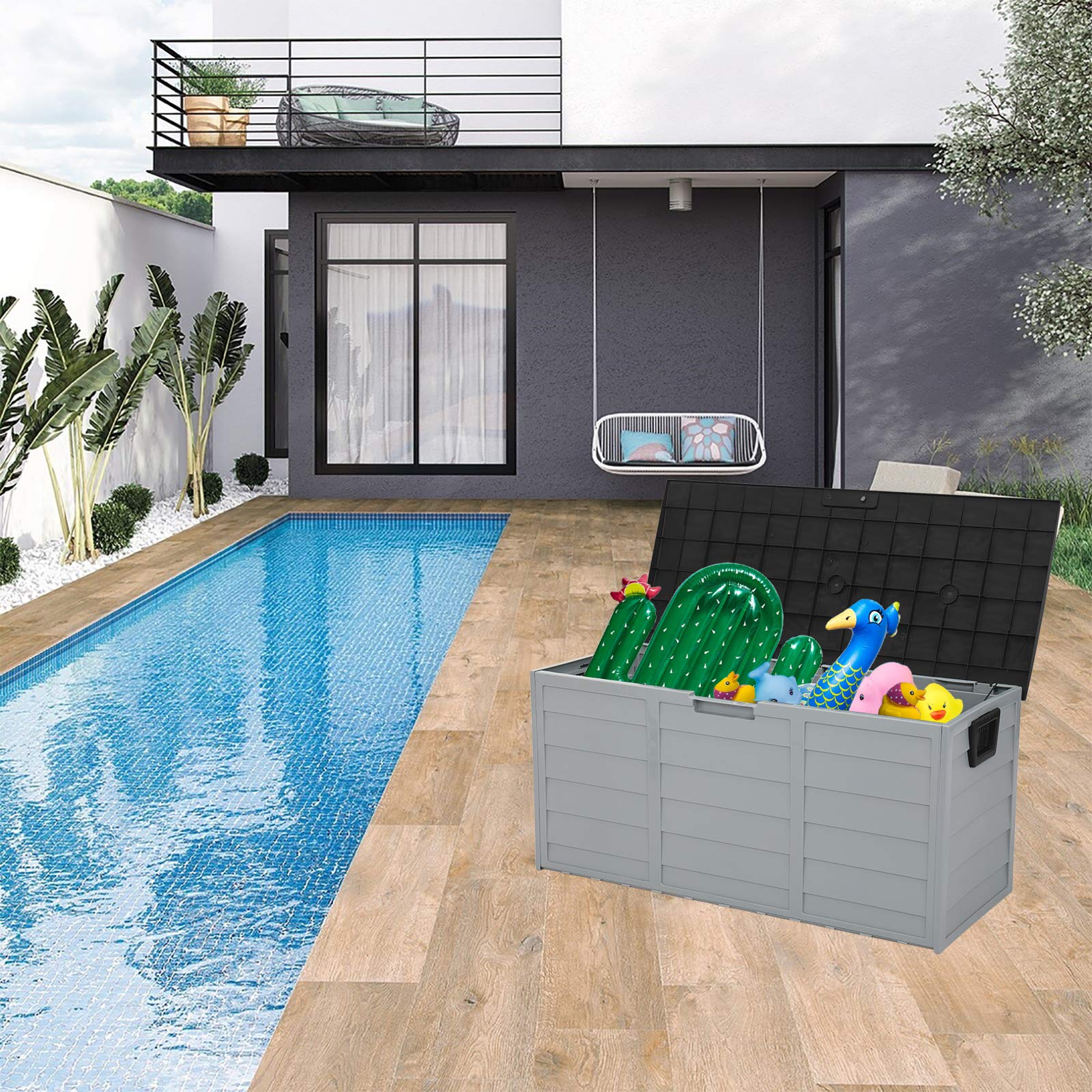 75 Gallon Deck Box for Outdoor Storage with Garden-Friendly Design, Ideal for Patio Furniture, Pool Toys, and Garden Tools, Measures 44 x 21.3 x 19.3 Inches,Black