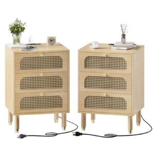 vingli rattan nightstands set of 2 with charging station, 19" w x 27" h nightstand 3 drawer set of 2, boho nightstand/end table/side table, rattan bedside table for bedroom(oak, 2 pack)