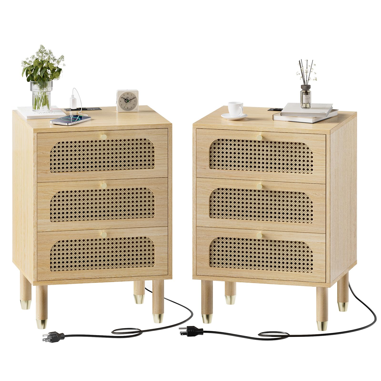 VINGLI Rattan Nightstands Set of 2 with Charging Station, 19" W x 27" H Nightstand 3 Drawer Set of 2, Boho Nightstand/End Table/Side Table, Rattan Bedside Table for Bedroom(Oak, 2 Pack)