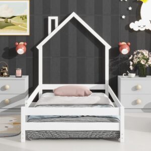 Harper & Bright Designs Twin Size Floor Bed with Rails and House-Shaped Headboard, Wood Twin Montessori Floor Bed Frame,Twin Platform Bed,Twin House Bed for Kids Girls Boys, Box Spring Needed (White)