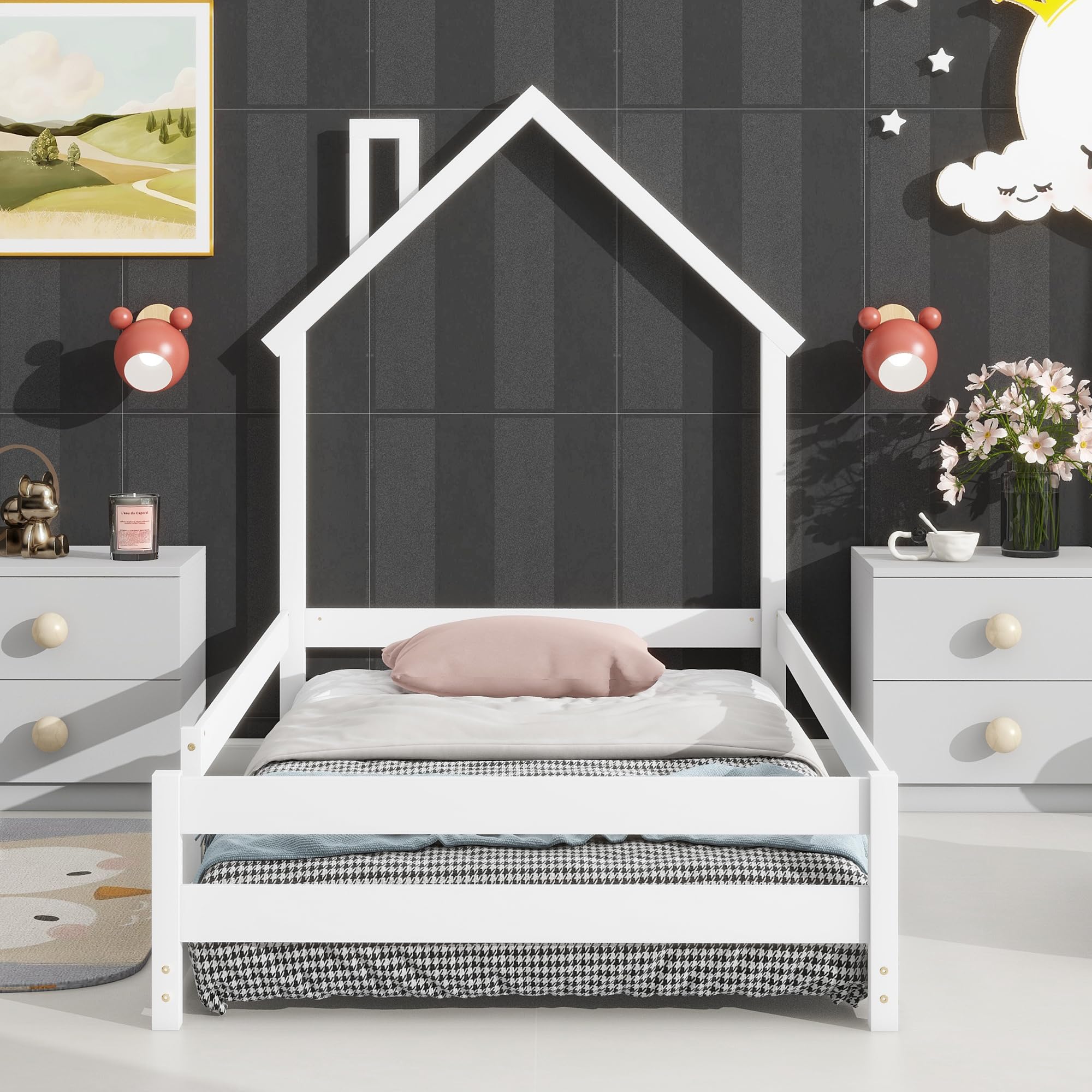 Harper & Bright Designs Twin Size Floor Bed with Rails and House-Shaped Headboard, Wood Twin Montessori Floor Bed Frame,Twin Platform Bed,Twin House Bed for Kids Girls Boys, Box Spring Needed (White)