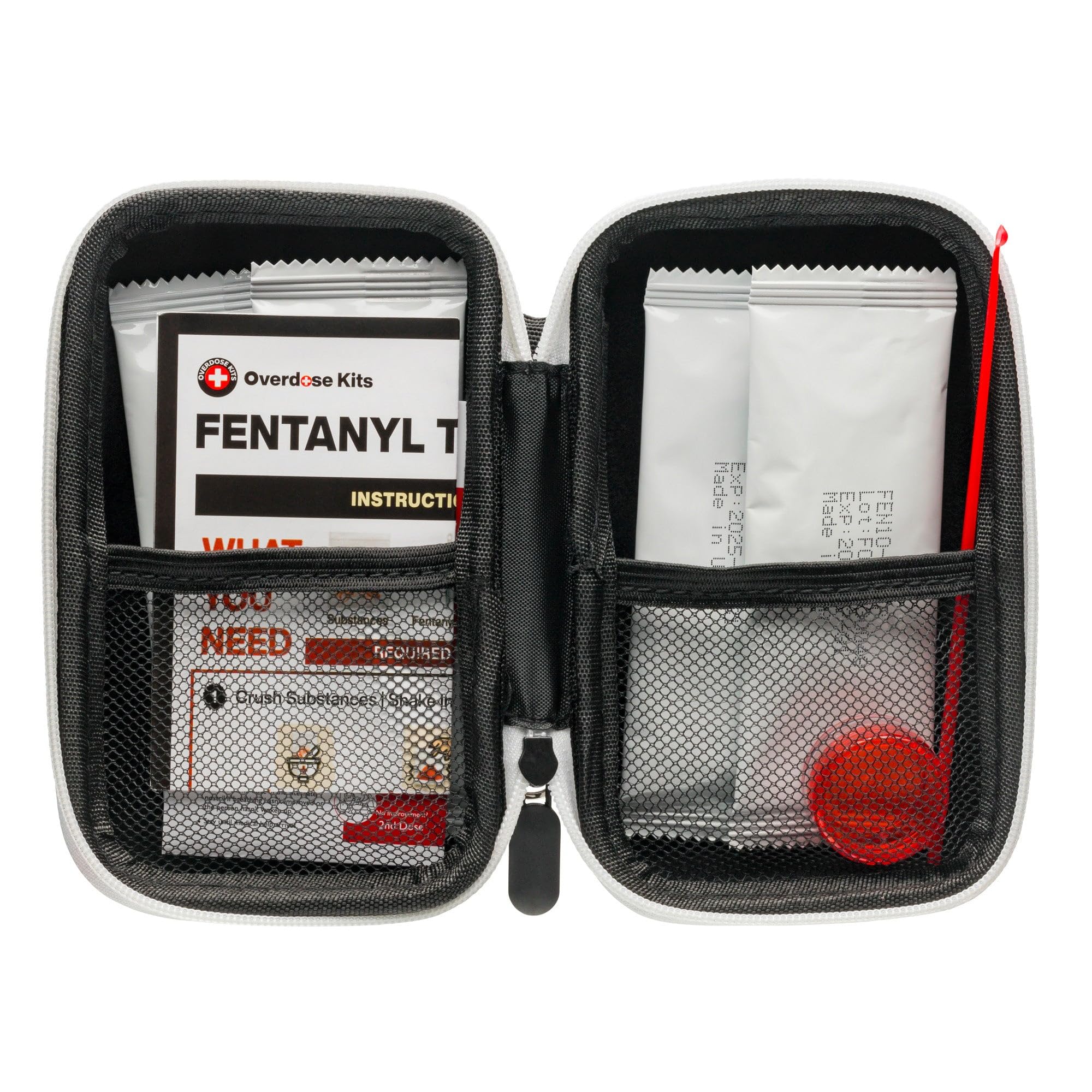 Fentanyl Test Strip Opioid Overdose Prevention Kit | Includes 5 Fentanyl Test Strips for Pills, Powders & Liquids + Naloxone Carry Case + Mixing Container + 10mg Spoon and Instructions (1)