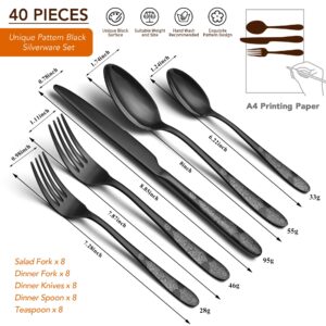 Black Silverware Set for 8, EIUBUIE 40 Piece Premium Stainless Steel Classic Black Cutlery Set, Mirror Polished Flatware Sets with Pattern Handle, Modern Kitchen Eating Utensils Set