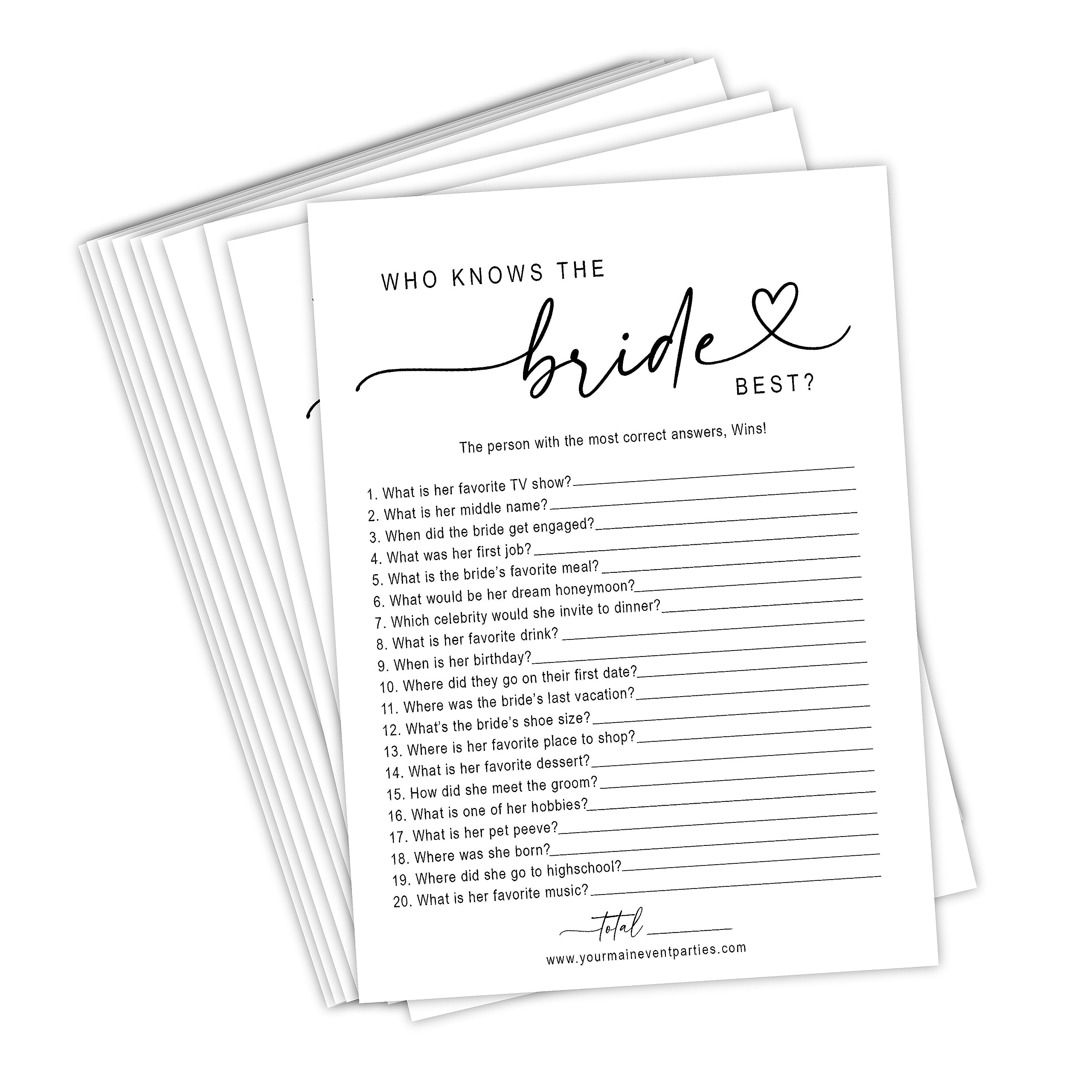 Your Main Event Prints Bridal Shower Games Who Knows The Bride Best, Fun Activities for Weddings, Bridal Showers and Bachelorette Parties (White)