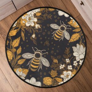 OMFUNS Animal Bee Round Area Rug Bedroom 5.2 Ft, Daisy Floral Circle Floor Mat Non-Slip Washable Accent Throw Rugs Carpet for Living Room Kids Room Nursery Entryway Laundry