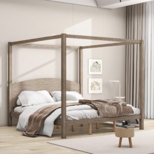 wooden king size canopy platform bed with headboard and support legs,for kids boys girls teens adults bedroom use (king, brown wash@headboard)