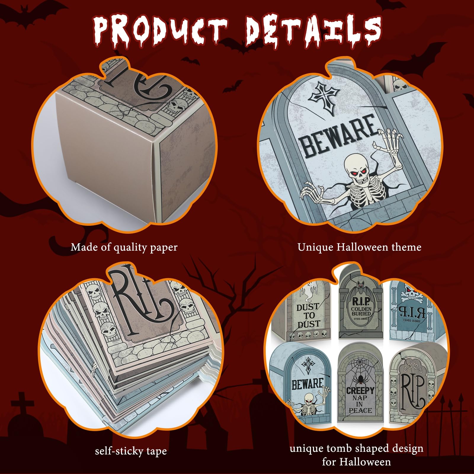 PerKoop 24 Pcs Halloween Tombstone Bags Trick Or Treat Candy Goody Boxes Halloween Paper Gift Box Tombstone Treat Bags for Kids Party Favors Snacks Cookies Party Supplies Halloween Decorations