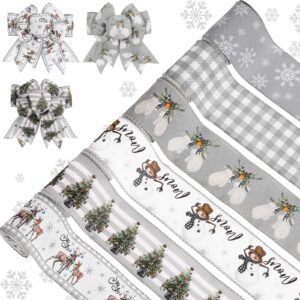 anydesign 6 roll christmas wired ribbon farmhouse rustic craft ribbon grey buffalo plaid snowman snowflake reindeer xmas tree eucalyptus gift ribbon for xmas crafts bow wreath gift wrapping, 30 yards