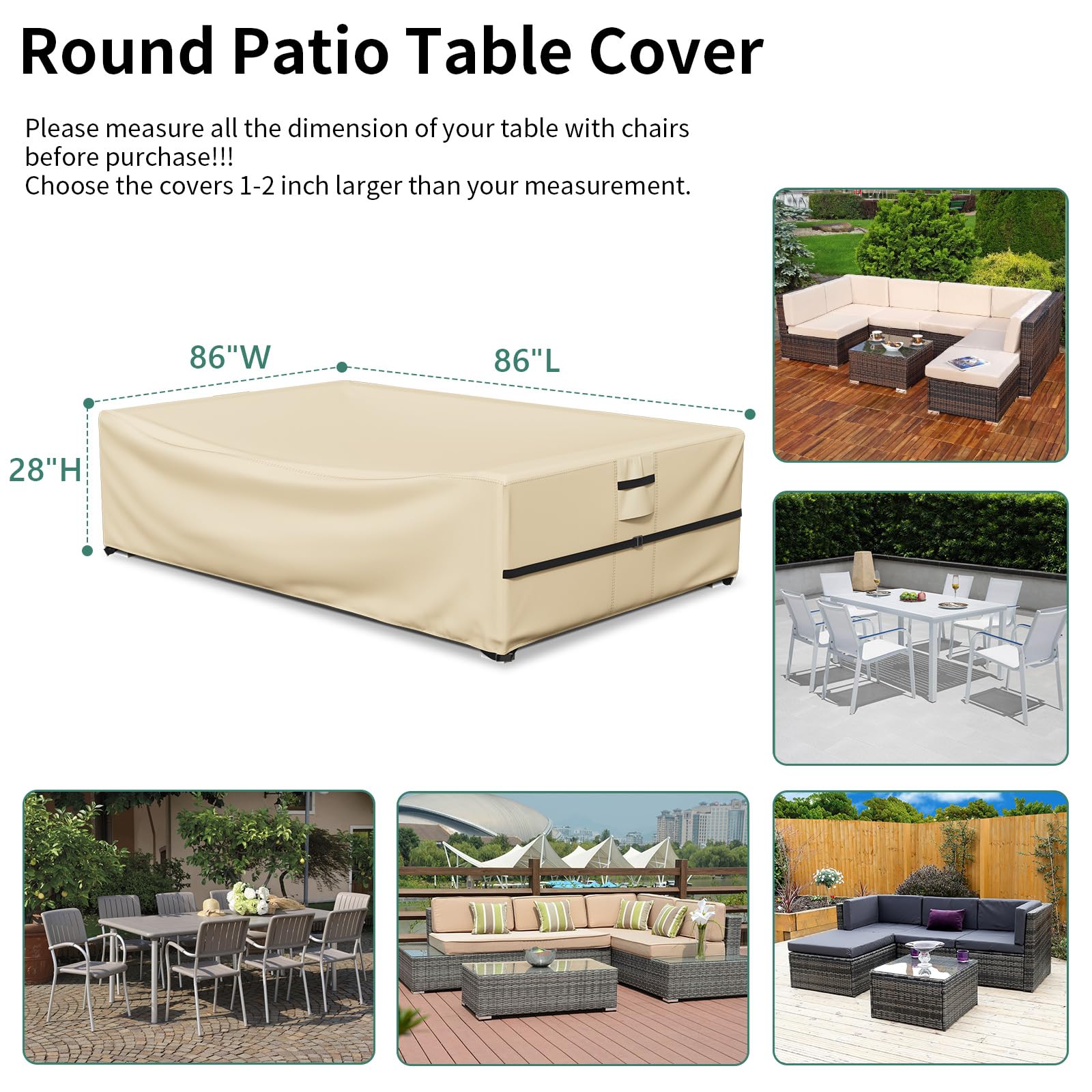 Patio Furniture Cover Waterproof, Square Outdoor Table Cover, 500D Heavy Duty Patio Table & Chair Cover, All Weather Protection Outdoor Cover for Patio Furniture, 86" x 86" x 28" H -Beige