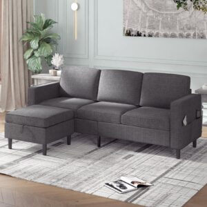 ijuicy convertible sectional sofa couch, l shaped upholstered couch with movable storage ottoman & side pockets, modern linen fabric couches for living room,apartment,office (dark grey)