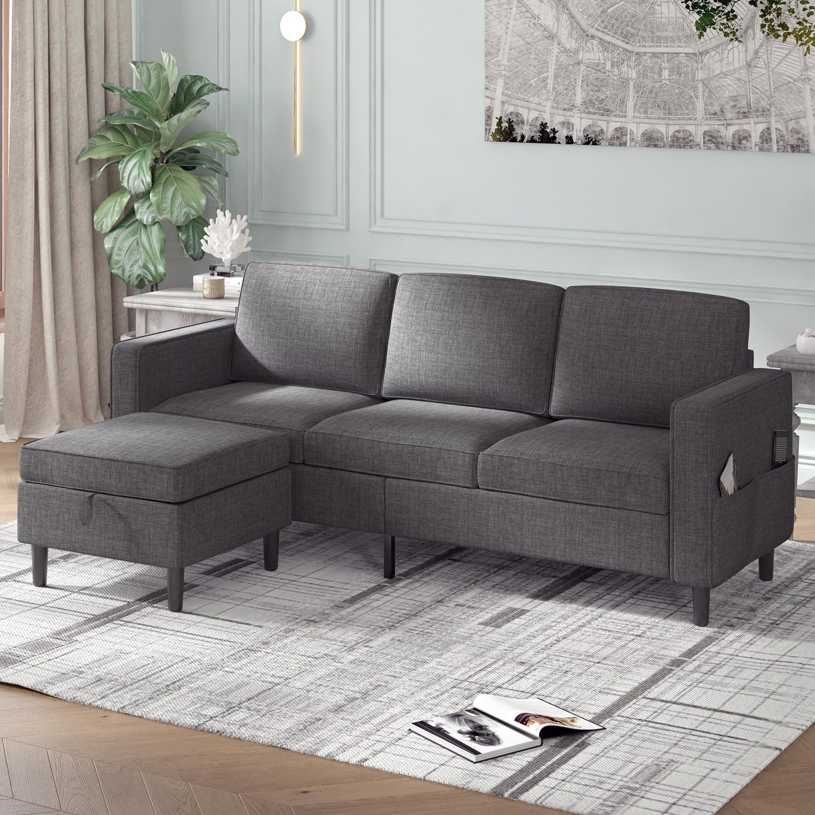 ijuicy Convertible Sectional Sofa Couch, L Shaped Upholstered Couch with Movable Storage Ottoman & Side Pockets, Modern Linen Fabric Couches for Living Room,Apartment,Office (Dark Grey)