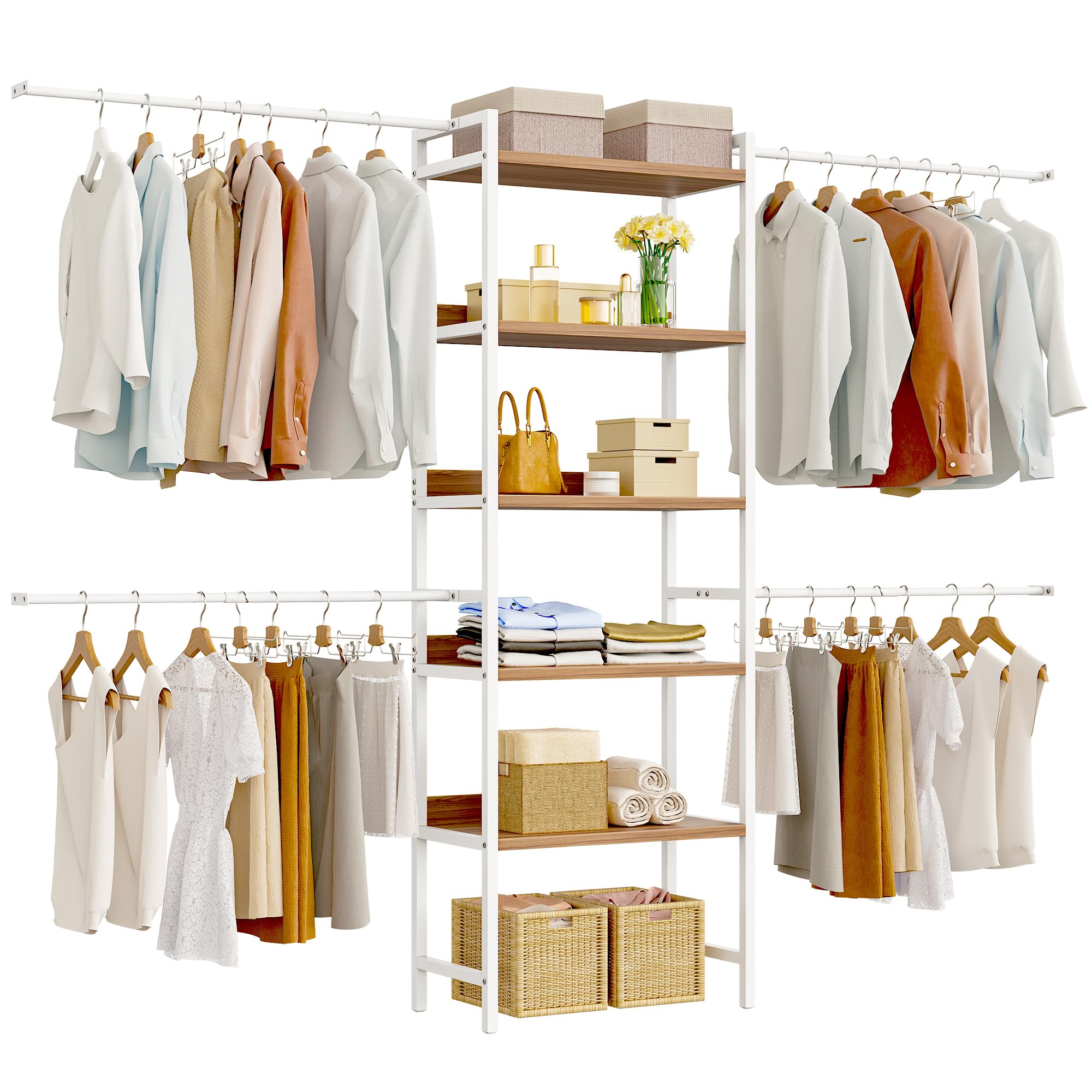 DWVO Closet Organizer System for Bedroom, Adjustable Heavy Duty Garment Rack Walk In Closet System, 4 Expandable Hanger Rods 5-Tier Wood Closet Storage Shelves with Backplane, Fits 6-9 ft Space, White