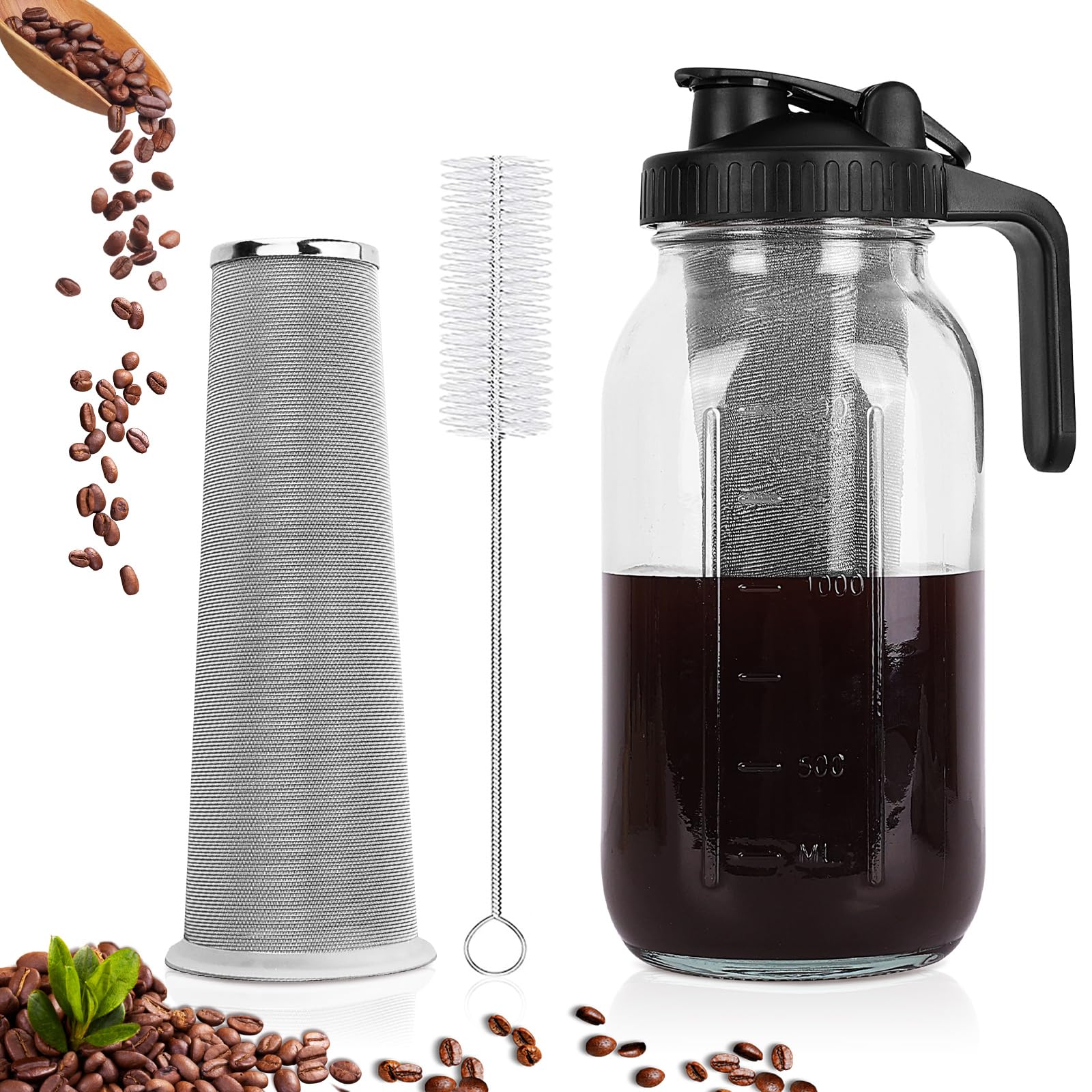 QHH Cold Brew Coffee Maker, 64 oz Wide Mouth Mason Jar Pitcher with Stainless Steel Filter, Pour Spout Handle Lid, Heavy Duty Glass Airtight & Leak-Proof Pitcher for iced coffee & Tea Lemonade