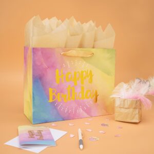 wishinside 13" Large Yellow Watercolor Gift Bag Set & Greeting Card and Tissue Papers (Gold Foil‘Happy Birthday’) for Women's, Men's, Girls, Boys, Baby Shower