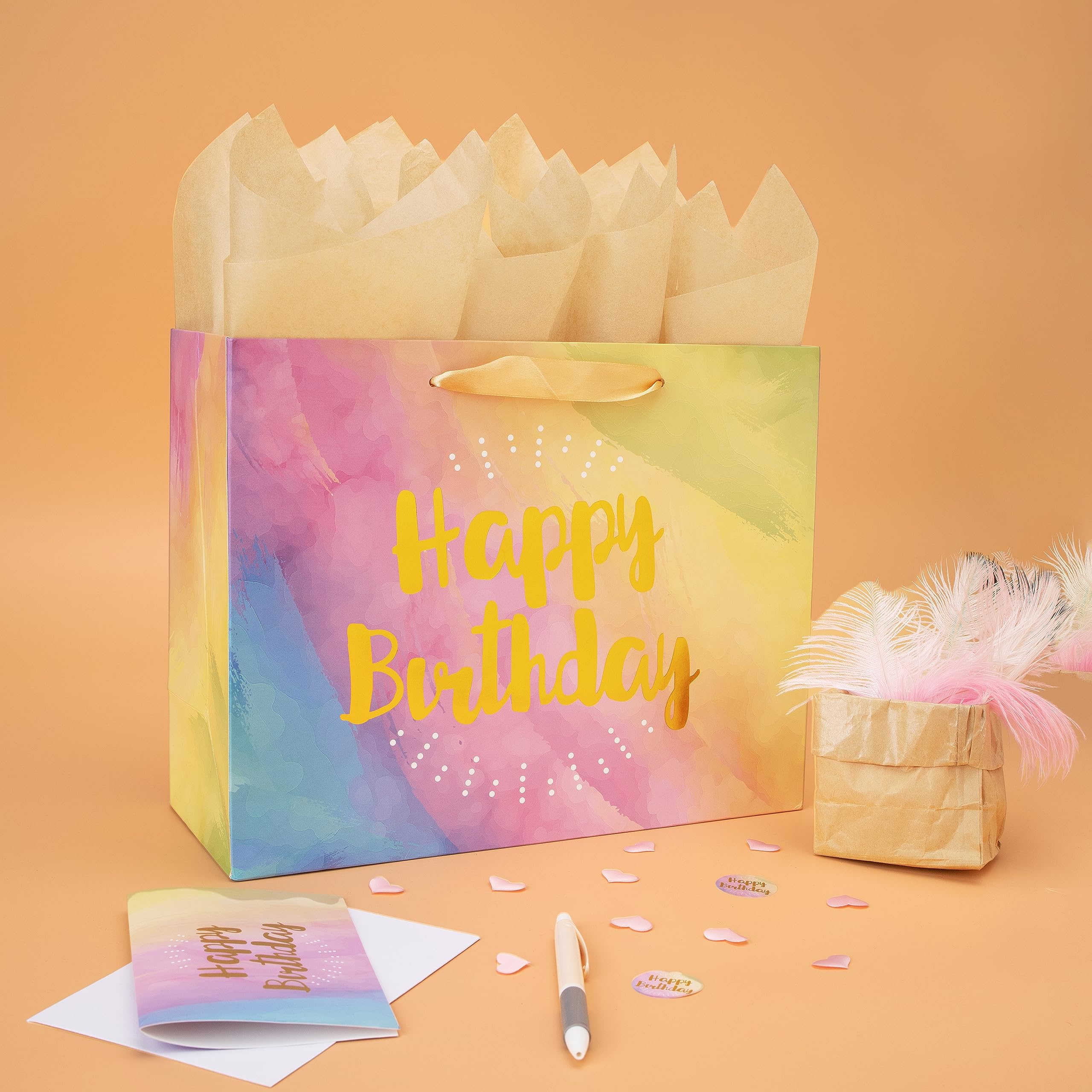 wishinside 13" Large Yellow Watercolor Gift Bag Set & Greeting Card and Tissue Papers (Gold Foil‘Happy Birthday’) for Women's, Men's, Girls, Boys, Baby Shower