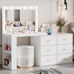 pakalife makeup vanity with mirror and 3-color lights, vanity desk dressing table with charging station,6 drawers,side 2 storage shelves for bedroom,white