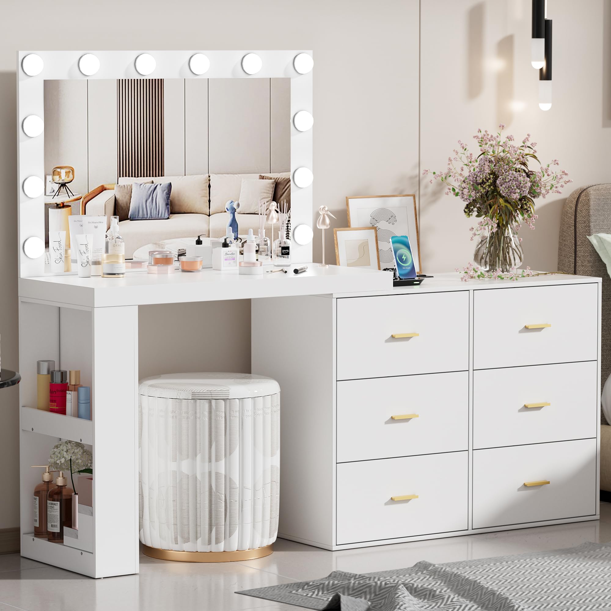 PakaLife Makeup Vanity with Mirror and 3-Color Lights, Vanity Desk Dressing Table with Charging Station,6 Drawers,Side 2 Storage Shelves for Bedroom,White