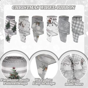 AnyDesign 6 Roll Christmas Wired Ribbon Farmhouse Rustic Craft Ribbon Grey Buffalo Plaid Snowman Snowflake Reindeer Xmas Tree Eucalyptus Gift Ribbon for Xmas Crafts Bow Wreath Gift Wrapping, 30 Yards