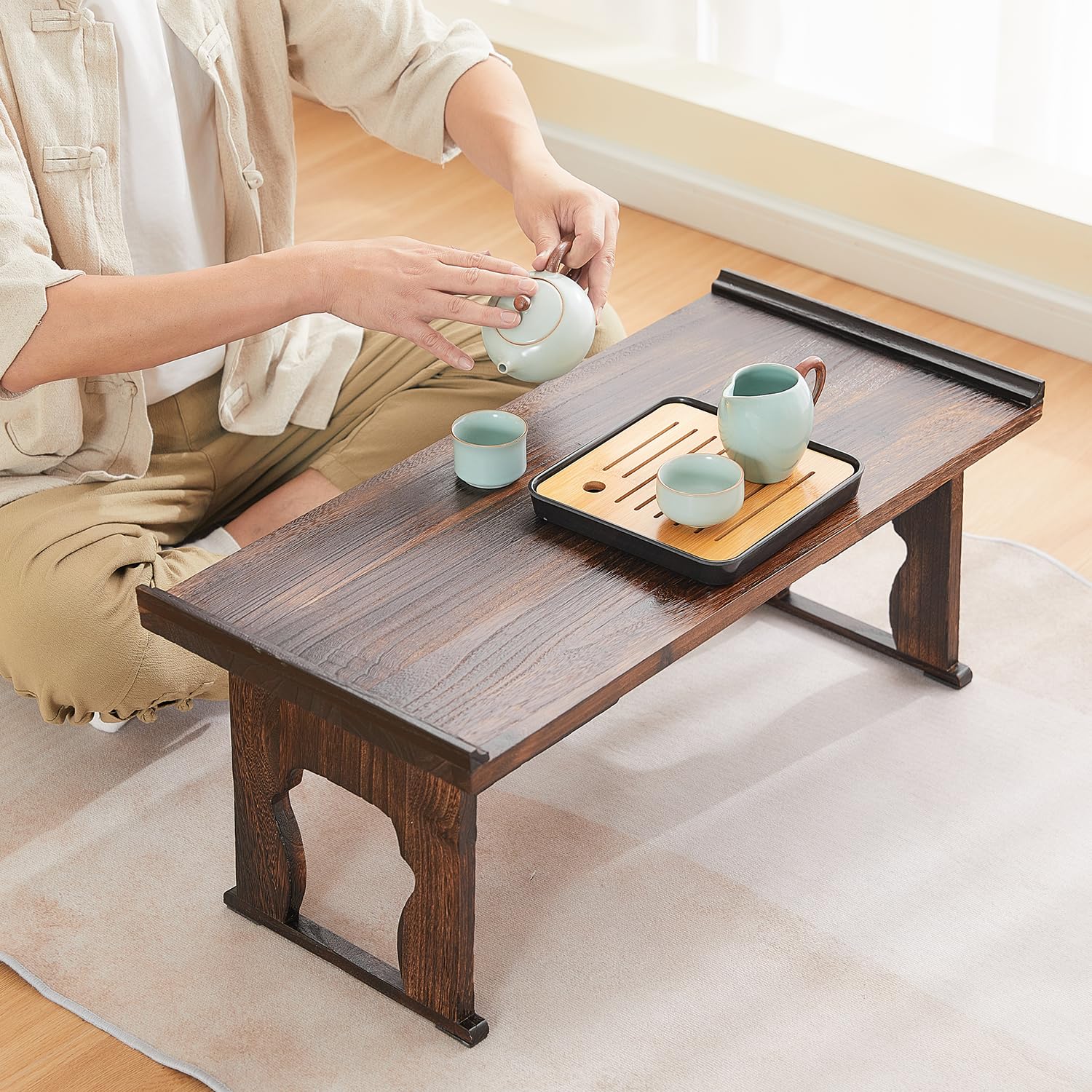 GZQWDC Japanese Floor Table,Small Coffee Table & Tea Table, Altar Table for Meditation,Low Table for Sitting on The Floor,Wood Bed Table Trays with Foldable Legs,Bed Laptop Desk