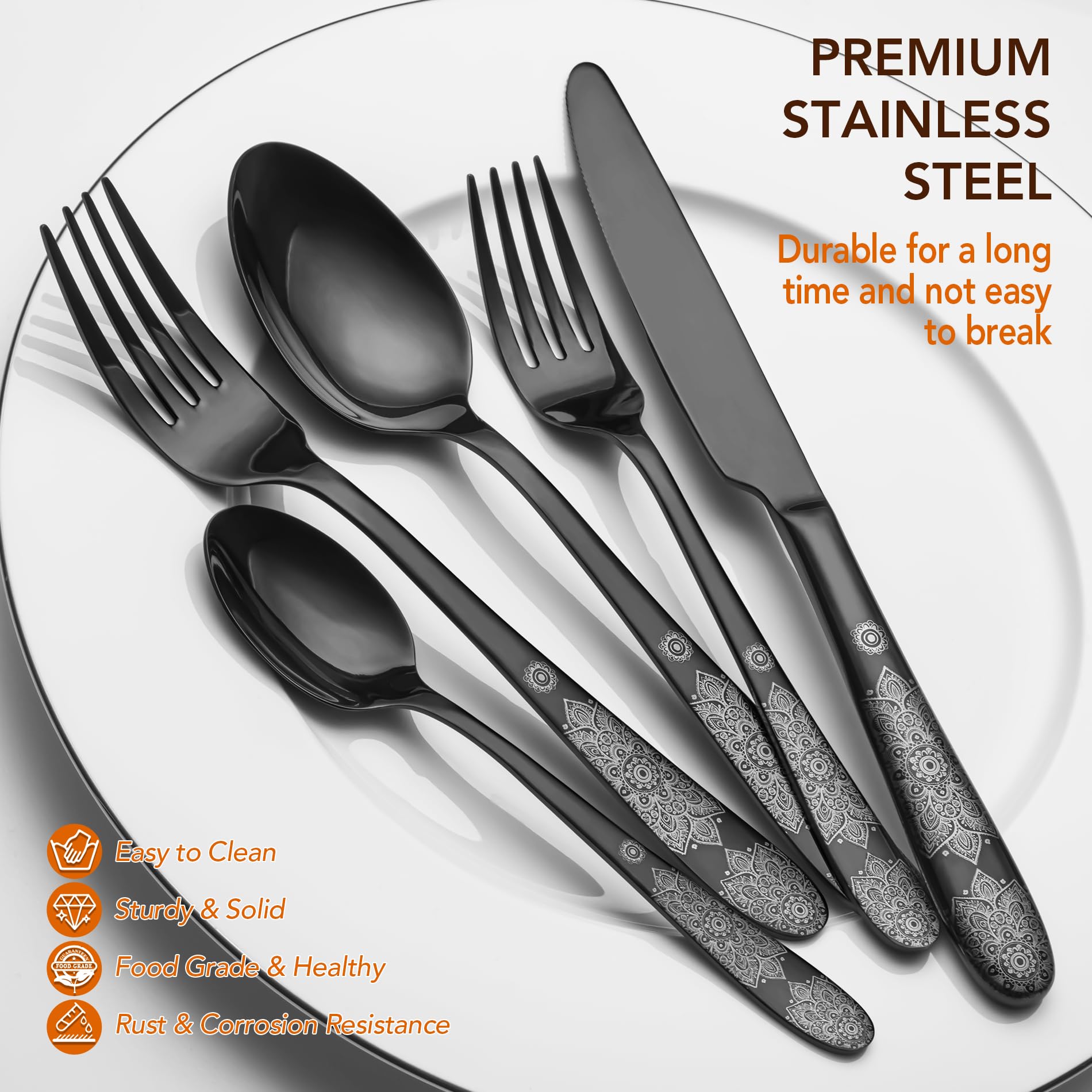 Black Silverware Set for 8, EIUBUIE 40 Piece Premium Stainless Steel Classic Black Cutlery Set, Mirror Polished Flatware Sets with Pattern Handle, Modern Kitchen Eating Utensils Set