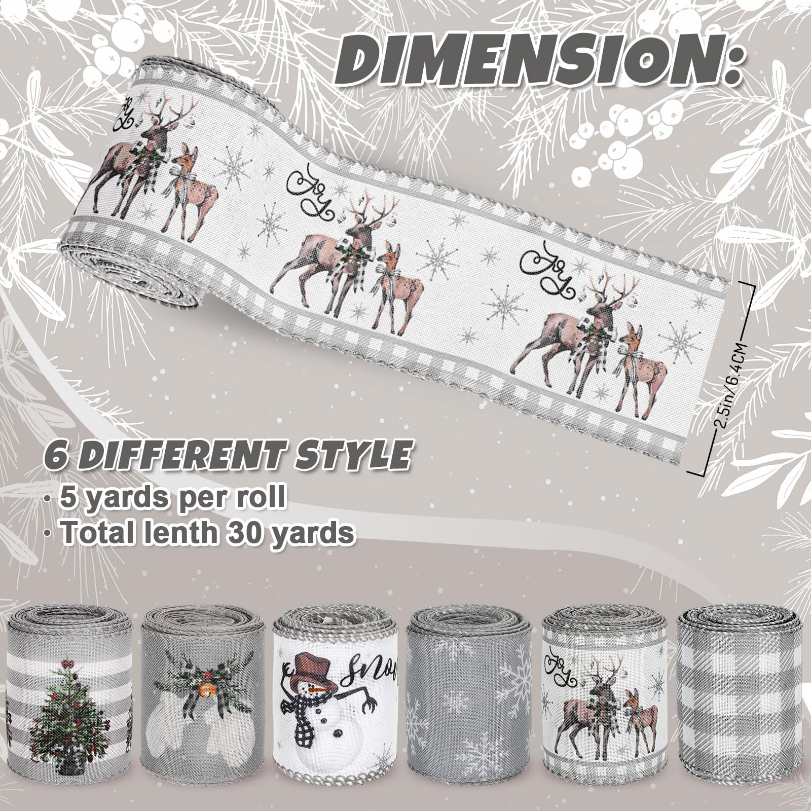 AnyDesign 6 Roll Christmas Wired Ribbon Farmhouse Rustic Craft Ribbon Grey Buffalo Plaid Snowman Snowflake Reindeer Xmas Tree Eucalyptus Gift Ribbon for Xmas Crafts Bow Wreath Gift Wrapping, 30 Yards