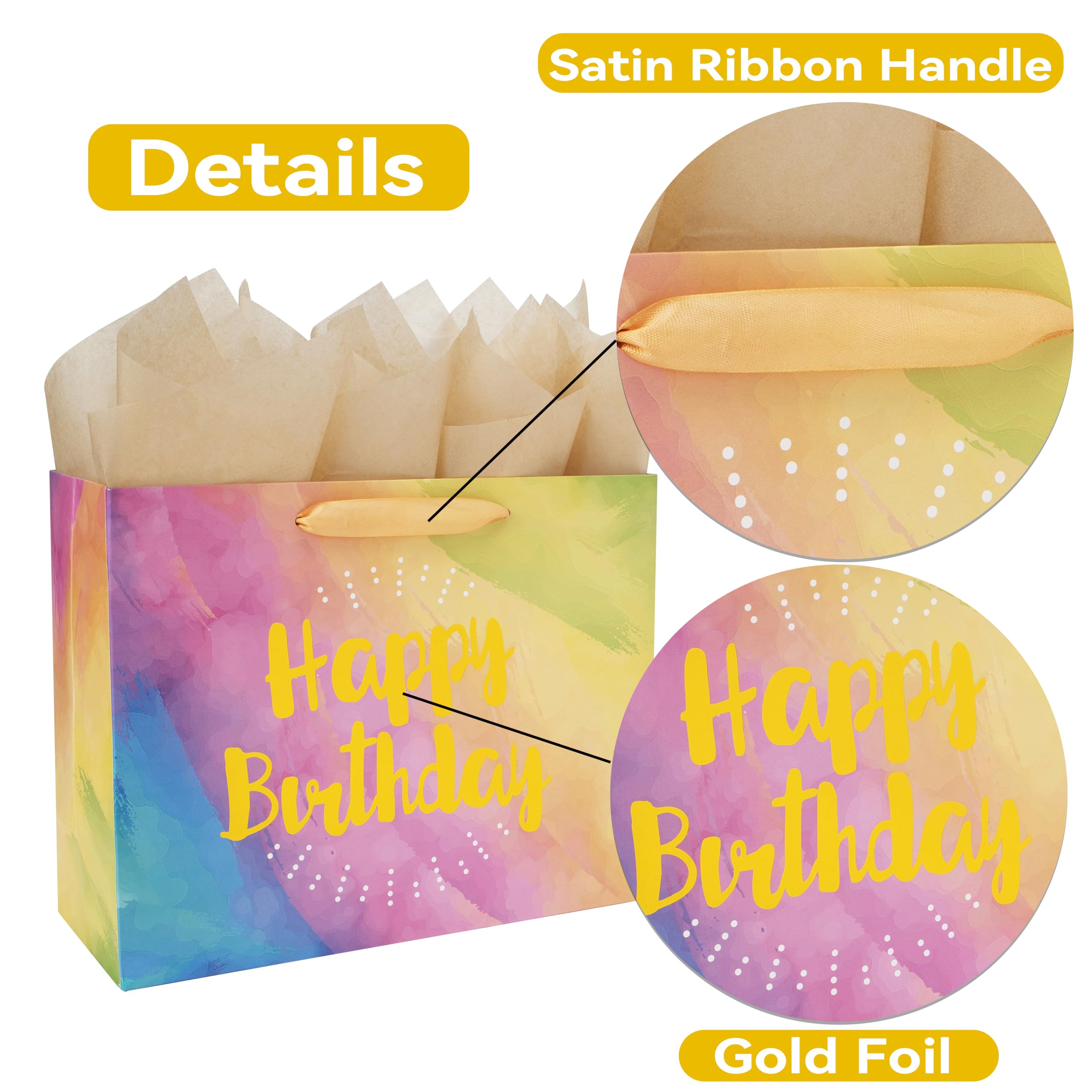 wishinside 13" Large Yellow Watercolor Gift Bag Set & Greeting Card and Tissue Papers (Gold Foil‘Happy Birthday’) for Women's, Men's, Girls, Boys, Baby Shower