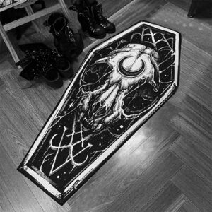 frjinie coffin bath mat, 51"×19" coffin rug for bedroom living room, dirt resist washable kitchen area rug, black round gothic carpet for kitchen bedroom living room