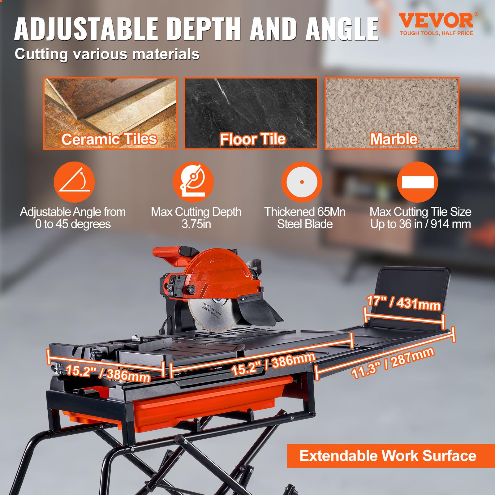 VEVOR Wet Tile Saw with Stand, 10-inch 65Mn Steel Blade, 4500 RPM Motor, Tile Cutter Wet Saw with Water Reservoir and Casters, 0-45 Degrees Miter Angle for Cutting Tiles, Floor Tiles, and Stones