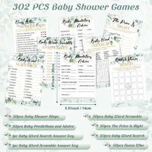 Kosiz 302 Pcs Greenery Eucalyptus Baby Shower Games 6 Games Activities Include Baby Shower Bingo, Word Scramble, Word Search, Baby Predictions and Advice, The Price is Right, Guess Who