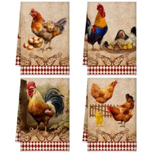 geyoga 4 pcs kitchen towels christmas chicken farm dish towels farmhouse vintage rooster tea towels rustic 16 x 24 inch hand towels for bathroom(classic color,rooster)