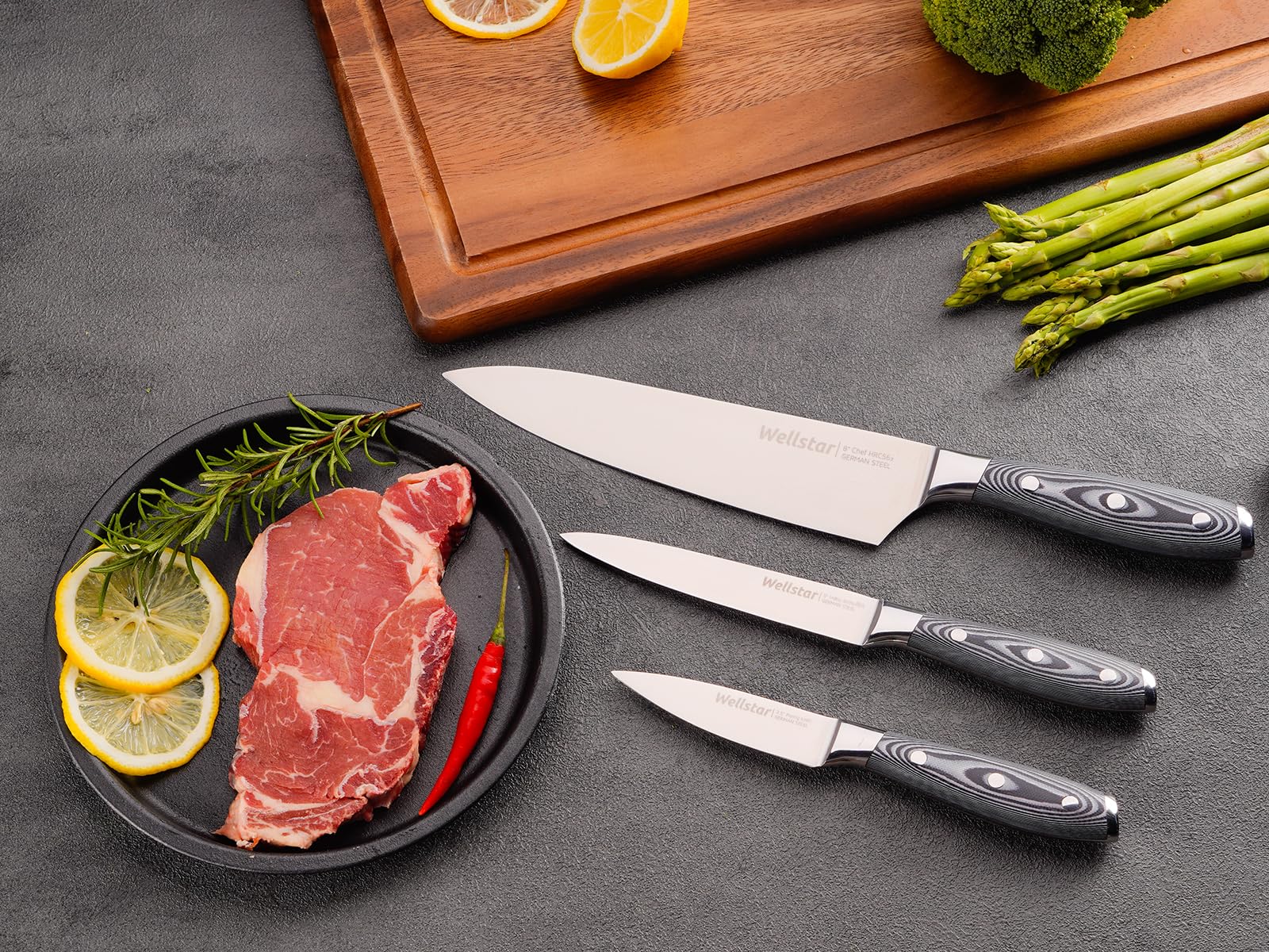 WELLSTAR Pro-Grade 3-Piece Chef Knife Set - Razor-Sharp High-Carbon Steel for Culinary Mastery at Home or Pro Kitchens