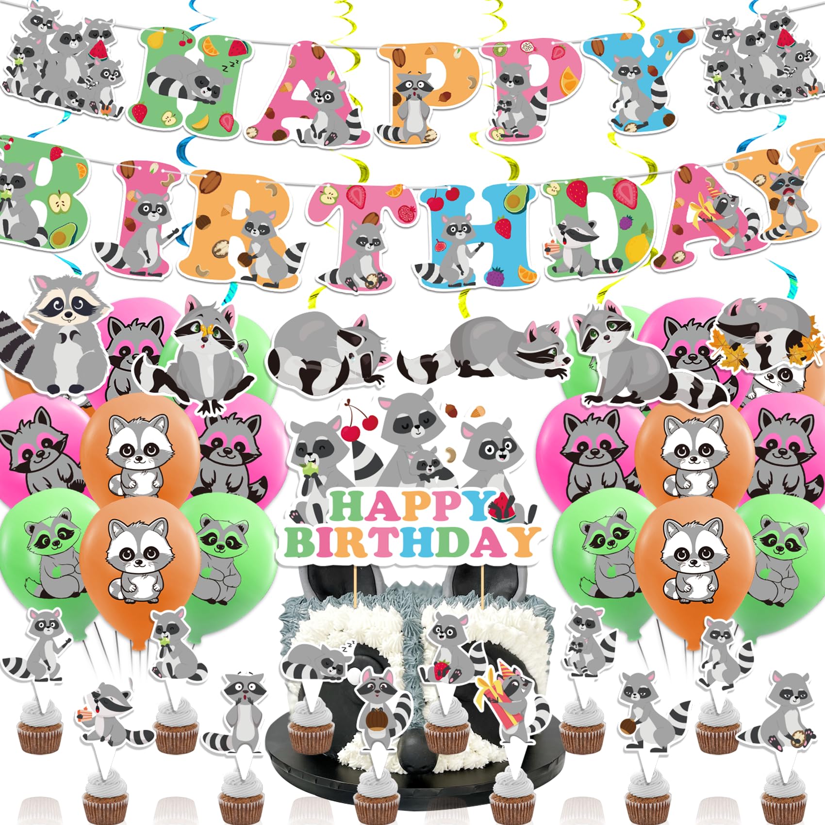 Raccoon Party Decorations Raccoon Birthday Party Supplies Includes Raccoon Birthday Banner Spirals Cake Topper Cupcake Toppers Balloons For Woodland Raccoon Birthday Party Baby Shower Decorations