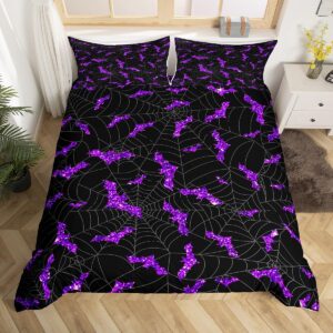 purple glitter bat duvet cover set full size spider web bedding set 3pcs happy halloween theme comforter cover for kids boys girls teens room decor fashion gothic black quilt cover,2 pillowcases