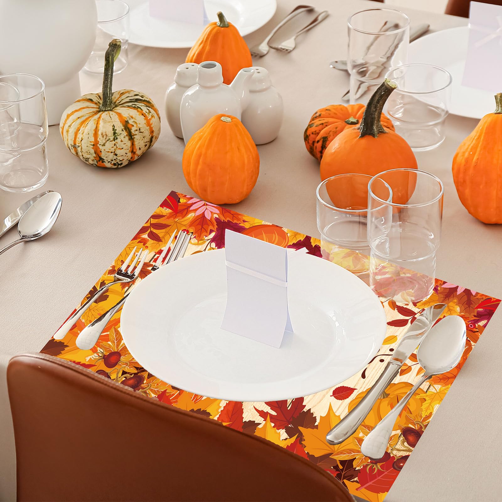 Whaline 100Pcs Fall Thanksgiving Paper Place Mats Pumpkin Leaves Disposable Placemats Autumn Seasonal Decorative Paper Table Mats, 14 x 9.8 Inch