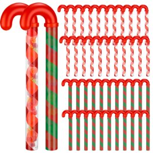 soaoo 60 pcs christmas candy cane shaped tube containers bulk 12 inch empty holiday candy tubes with red topper christmas plastic crutch container for candy chocolate stocking filler