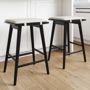 nathan james barker counter height wood barstool with upholstered cushion, backless island stool for kitchen, black/cream boucle, set of 2