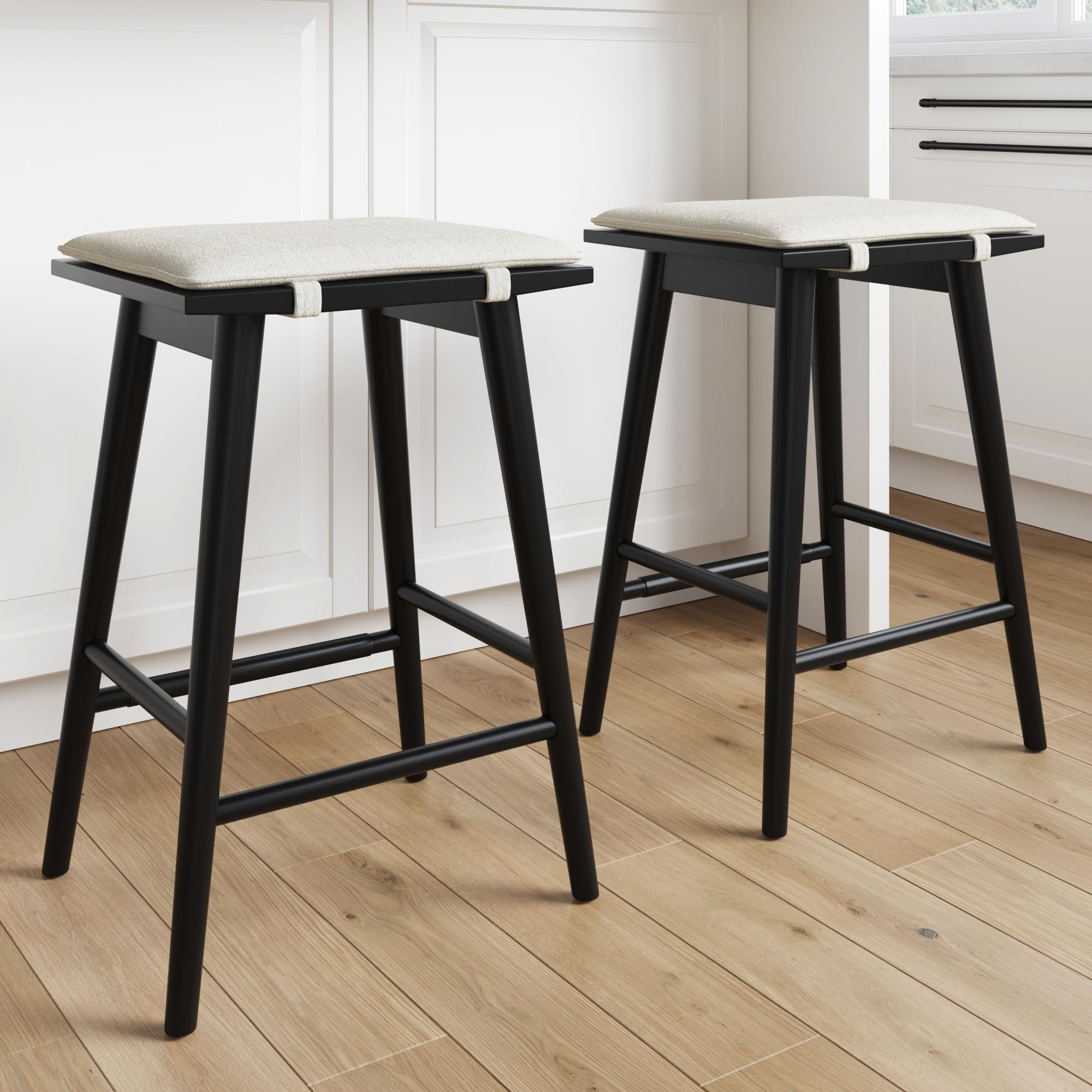 Nathan James Barker Counter Height Wood Barstool with Upholstered Cushion, Backless Island Stool for Kitchen, Black/Cream Boucle, Set of 2