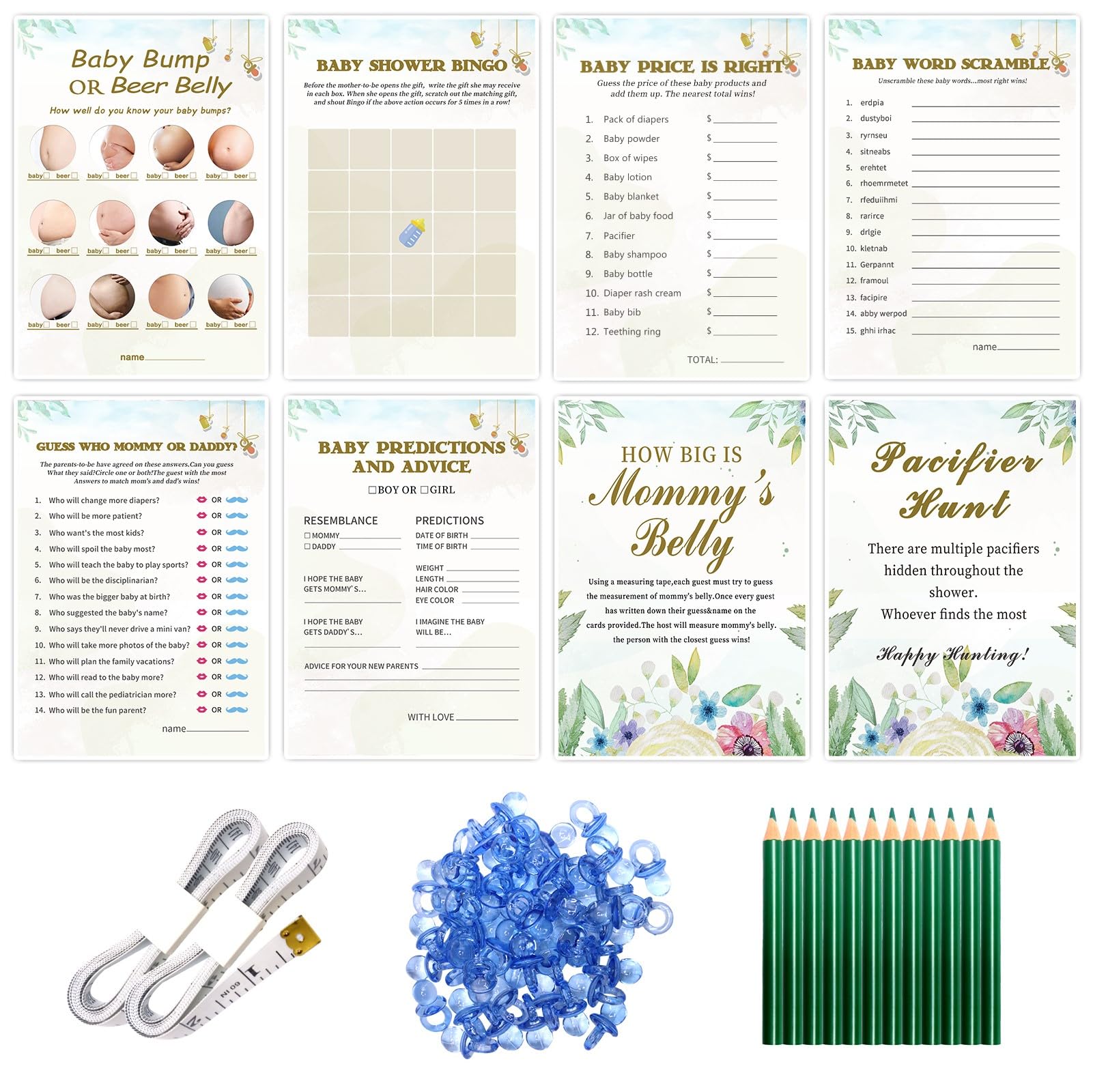 OLOUTAB Baby Shower Games Set-8 Games,Fun and Easy to Play,Includes Baby Shower Bingo,Price is Right,Guess Who Mommy or Daddy,Word Scramble,Prediction and Advice,How Big is Mommys Belly,Pacifier Hunt