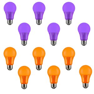 sunlite 41939 led a19 halloween value pack, 6 purple, 6 orange, 3 watts (25w=), e26 medium base, non-dimmable, ul listed, party decorations, holiday lighting, 25,000 hour life span, 12 pack