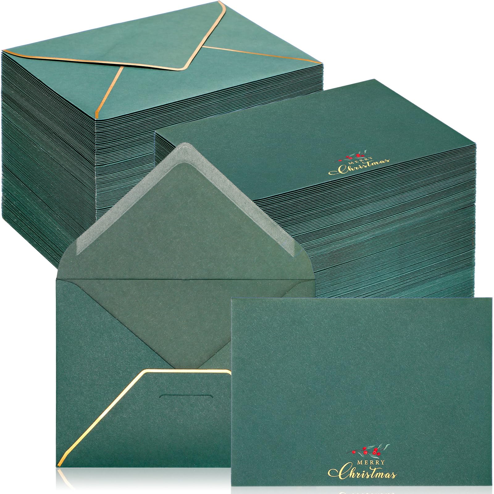 Cholemy 200 Pcs Christmas Envelopes Gift Greeting Card Envelopes 5'' x 7'' V Flap Foil Border Invitation Envelopes for Note Business Card Wedding Baby Shower Graduation(Green)