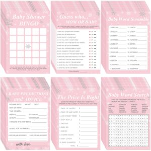 harloon 302 pcs winter snowflake baby shower games, 6 games, 50 sheets each, baby shower bingo, word scramble, word search, baby predictions and advice, the price is right, guess who (pink)