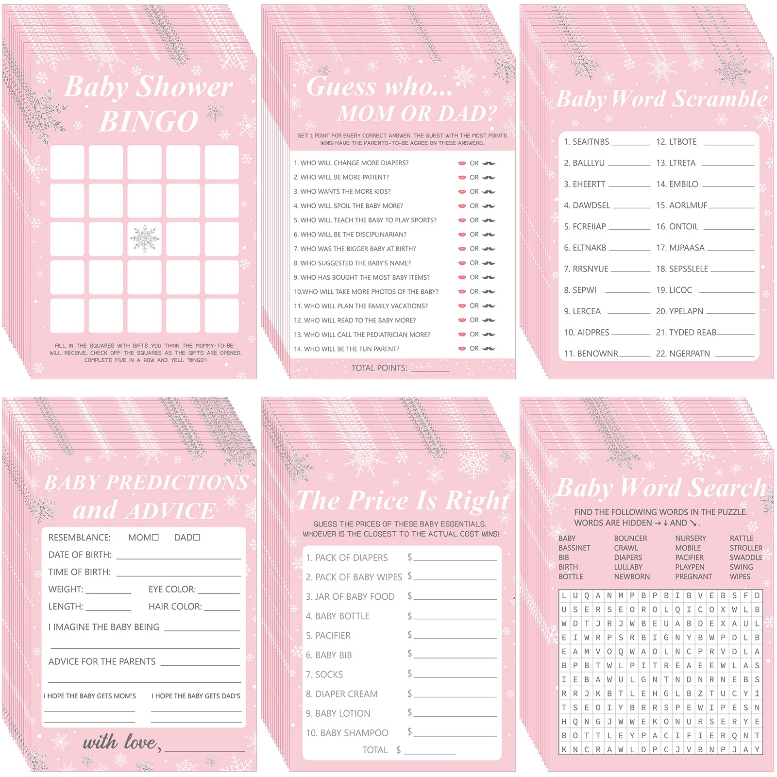 Harloon 302 Pcs Winter Snowflake Baby Shower Games, 6 Games, 50 Sheets Each, Baby Shower Bingo, Word Scramble, Word Search, Baby Predictions and Advice, The Price is Right, Guess Who (Pink)