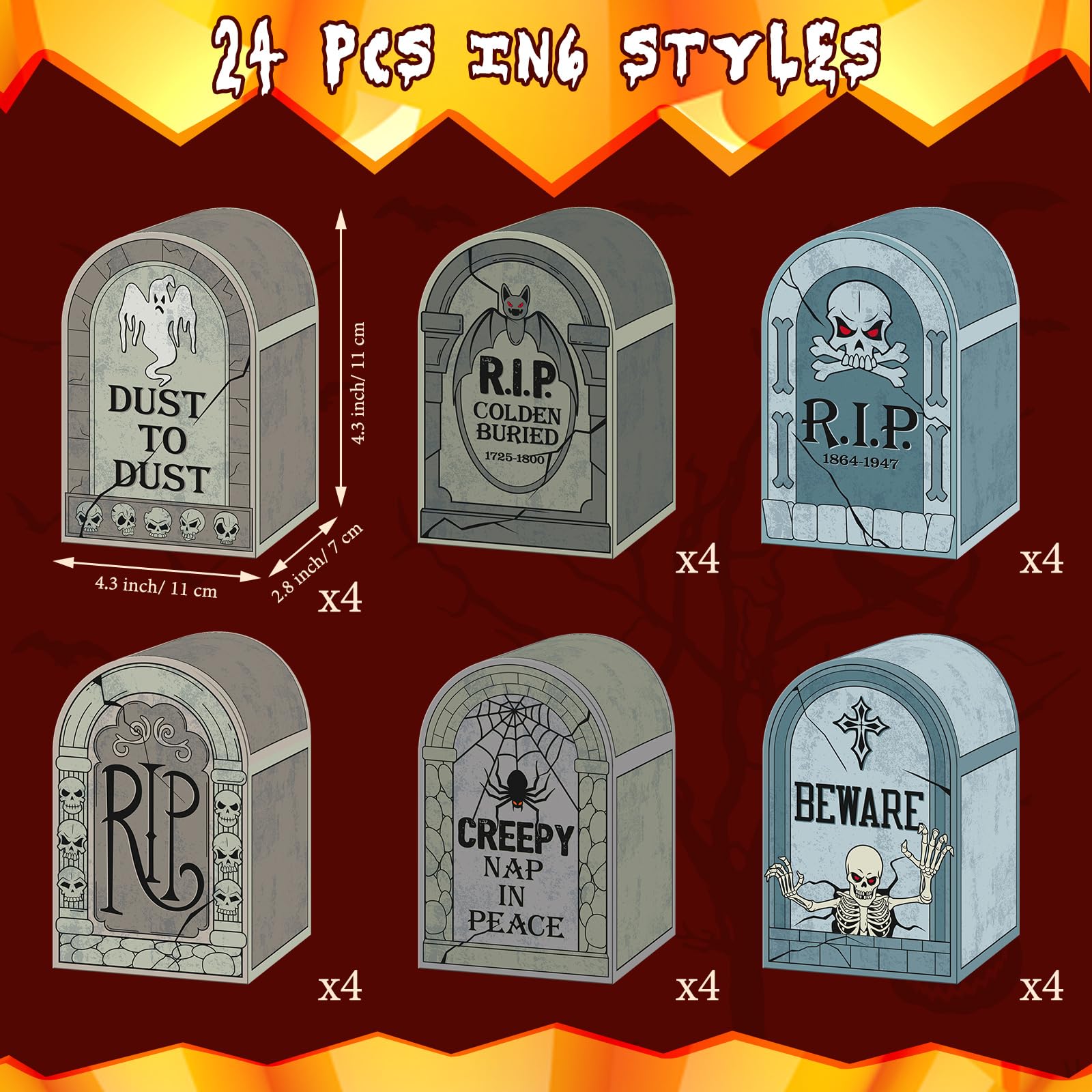 PerKoop 24 Pcs Halloween Tombstone Bags Trick Or Treat Candy Goody Boxes Halloween Paper Gift Box Tombstone Treat Bags for Kids Party Favors Snacks Cookies Party Supplies Halloween Decorations